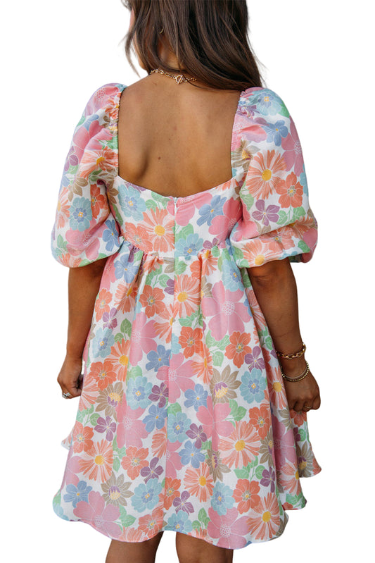 Pink Summer Floral Square Neck Puff Sleeve Babydoll Dress