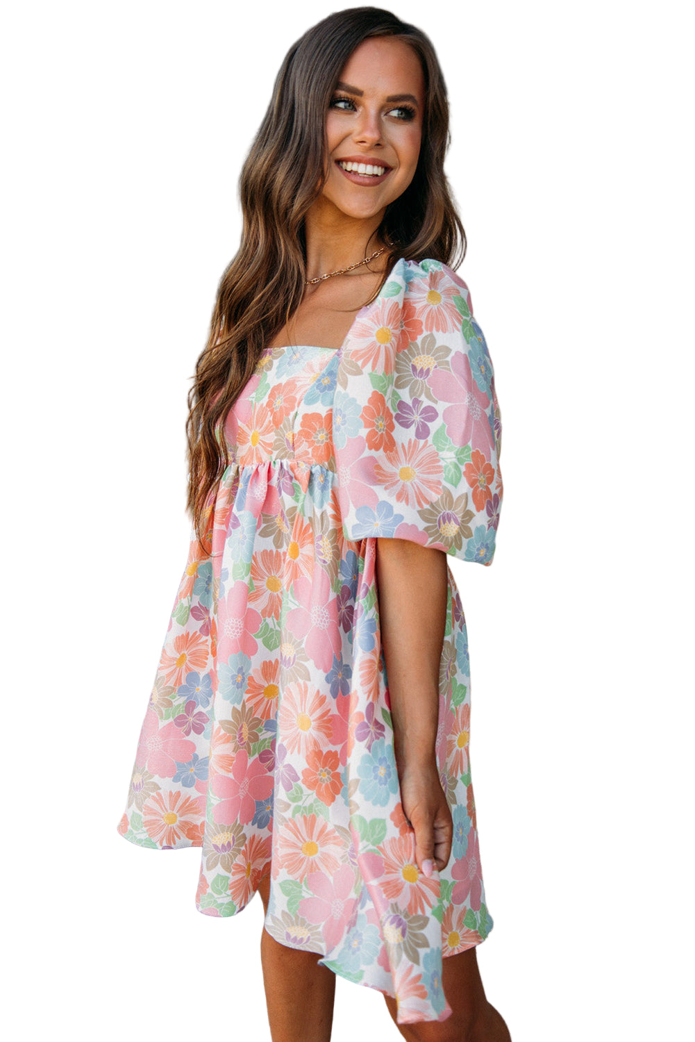 Pink Summer Floral Square Neck Puff Sleeve Babydoll Dress
