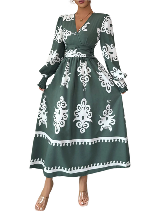 Printed Surplice Lantern Sleeve Dress