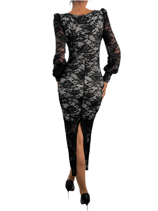 Perfee Lace Sweetheart Neck Long Sleeve Midi Dress