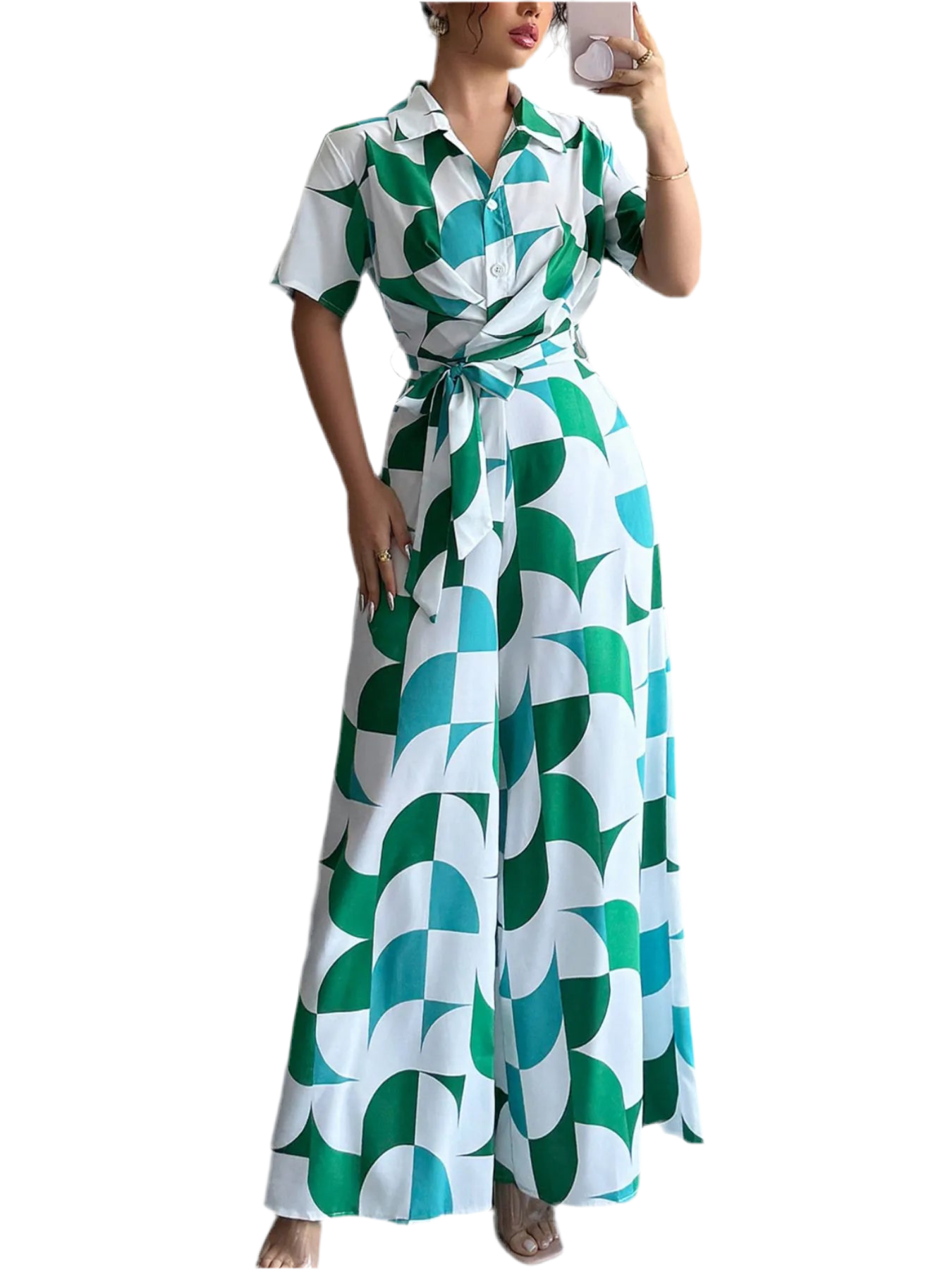 Printed Wide Leg Belted Jumpsuit