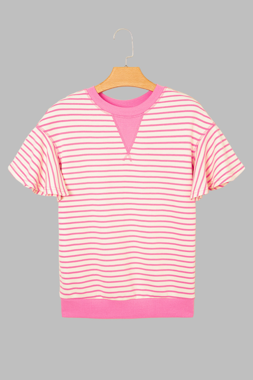 Sachet Pink Contrast Detail Striped Ruffle Short Sleeve Top