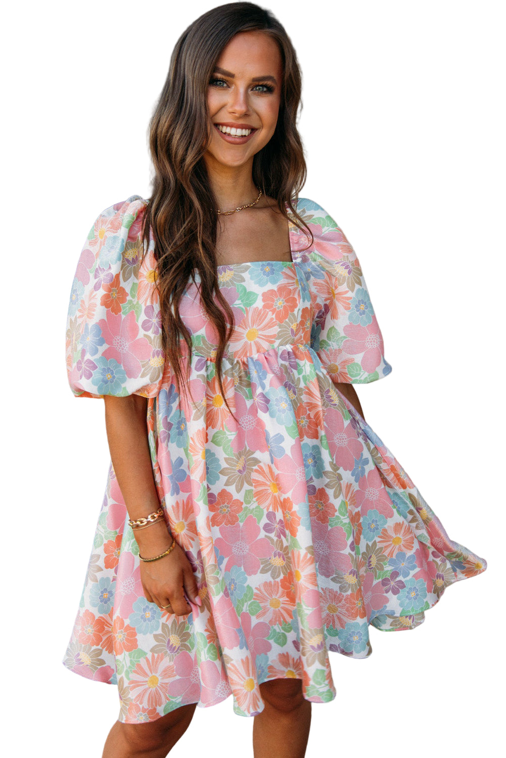 Pink Summer Floral Square Neck Puff Sleeve Babydoll Dress