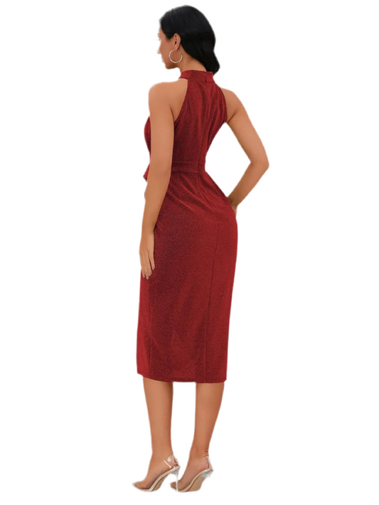 Slit Ruched Mock Neck Sleeveless Dress