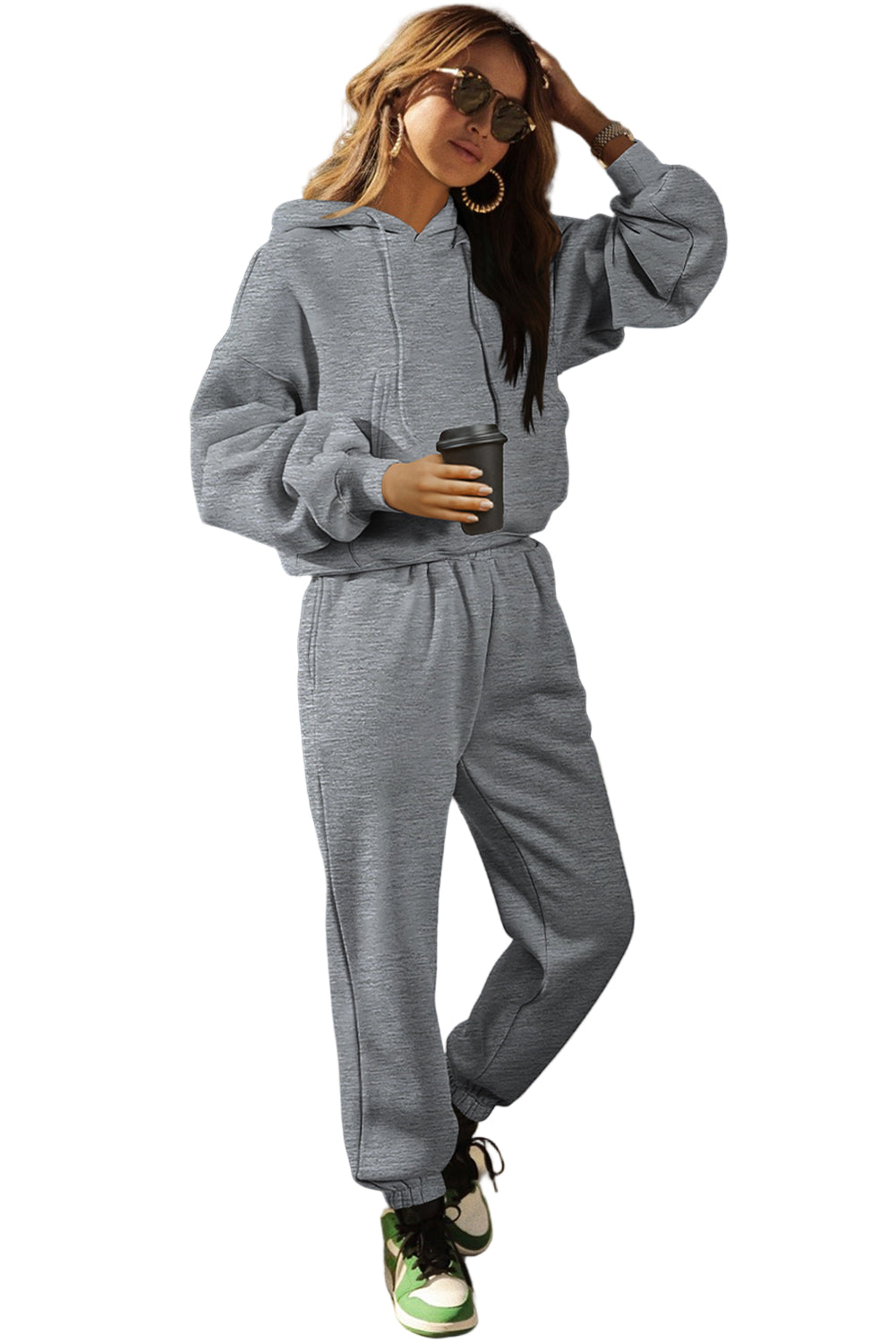 Gray Solid Drop Shoulder Hoodie and Joggers Activewear Set
