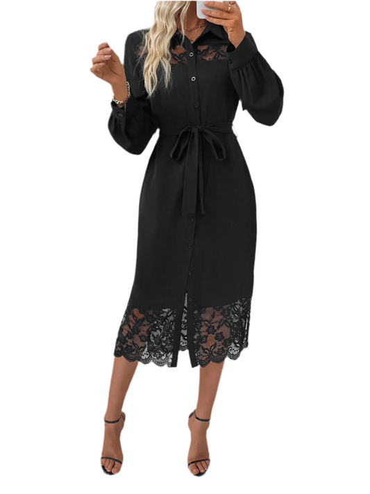 Lace Detail Button-Front Midi Shirt Dress