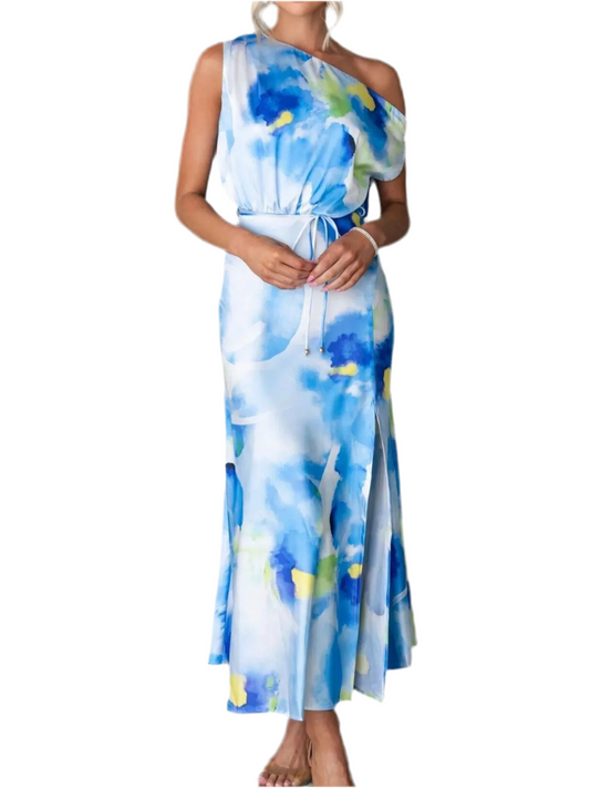 One Shoulder Printed Dress with Slit