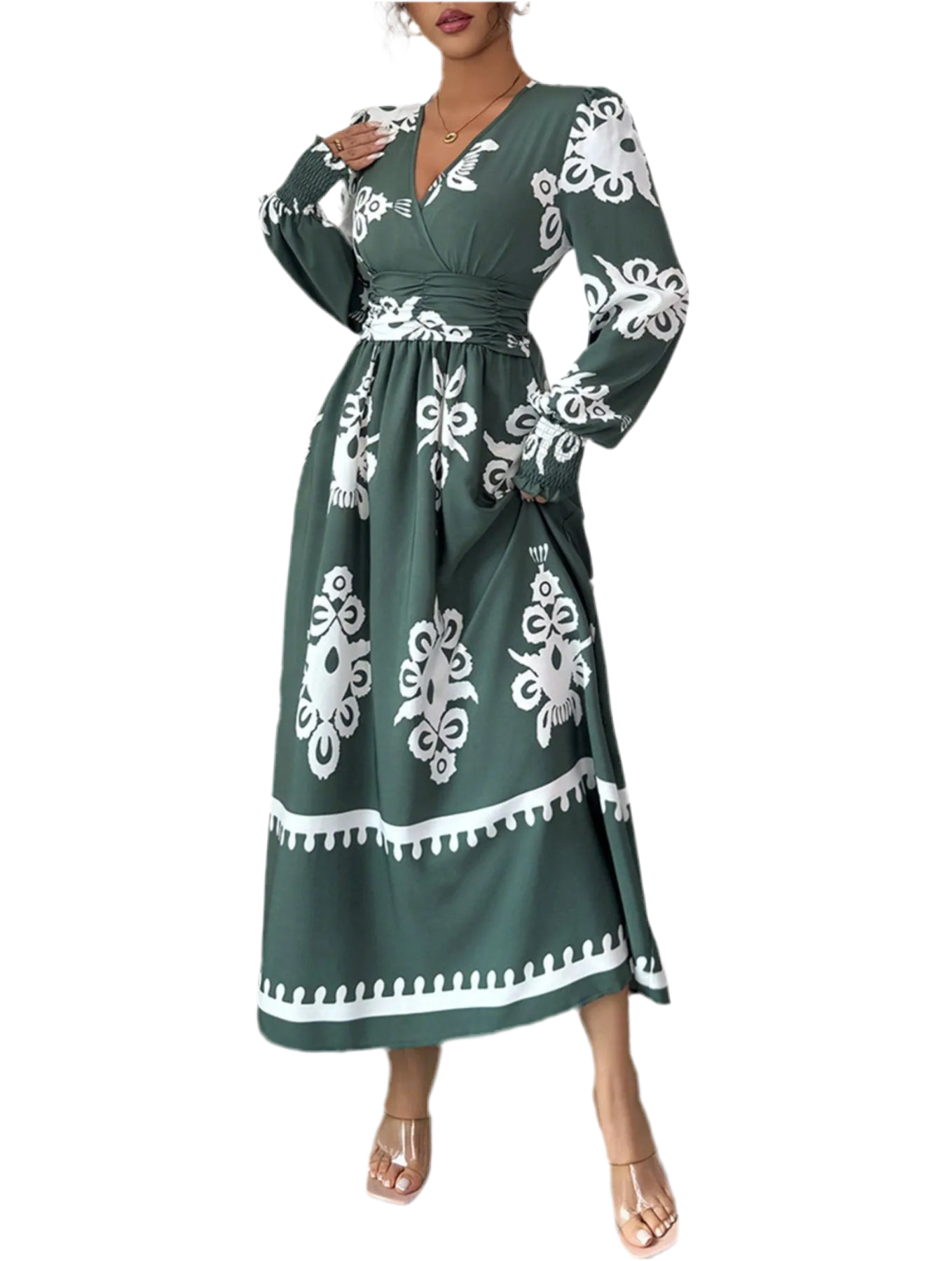 Printed Surplice Lantern Sleeve Dress