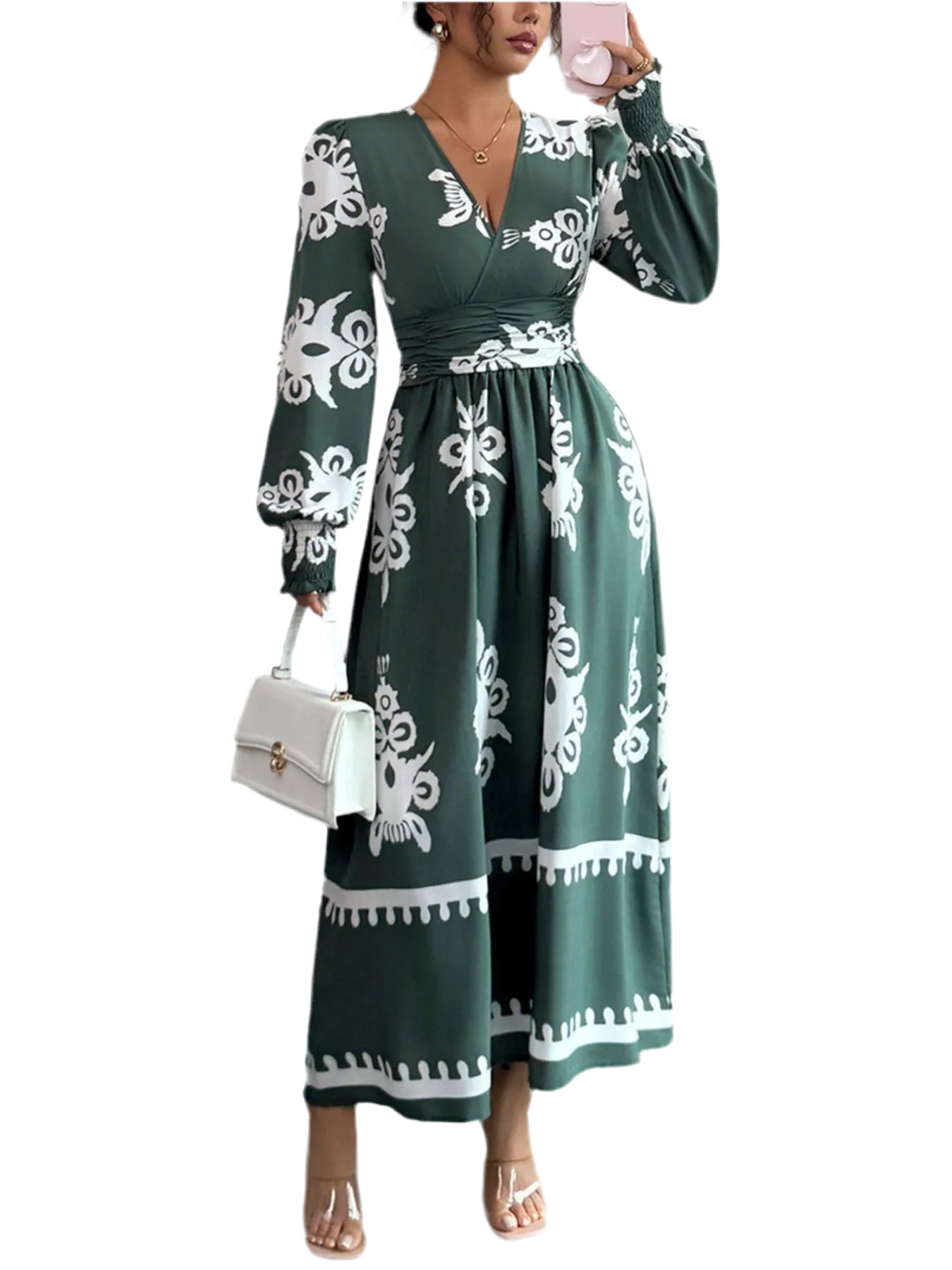 Printed Surplice Lantern Sleeve Dress