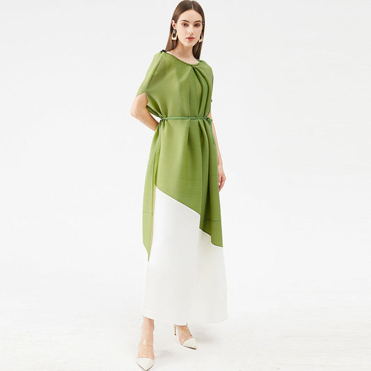 Miyake Style Pleated Dress With Contrast Stitching for Women