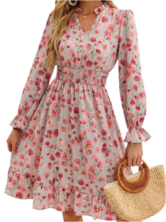 Floral Print Flounce Sleeve Ruffle Hem Dress
