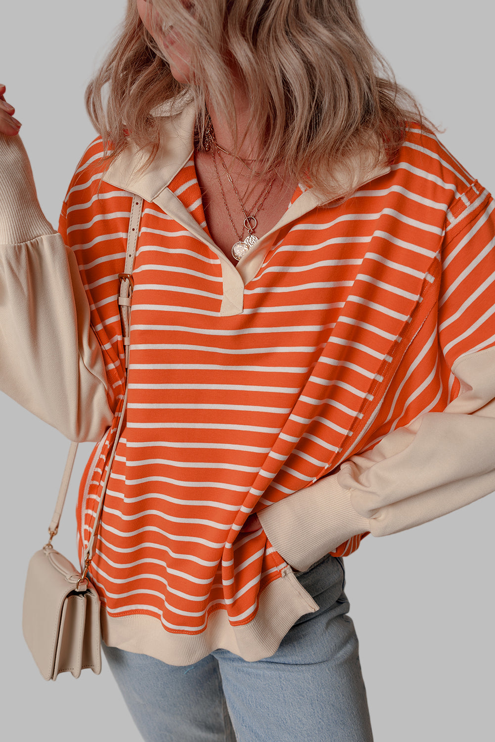 Orange Stripe Color Block Loose Fit Collared Drop Shoulder Sweatshirt