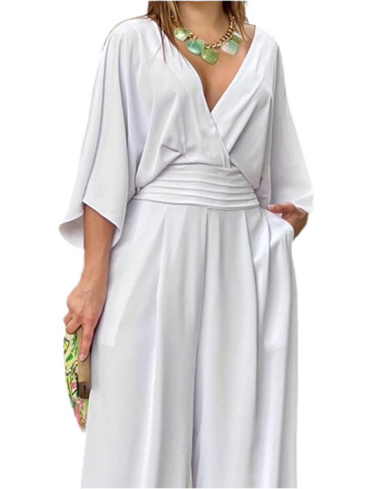 Full Size Wide-Leg Wrap Jumpsuit with Kimono Sleeves Plus Size