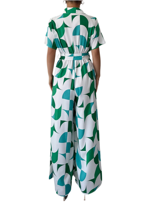 Printed Wide Leg Belted Jumpsuit