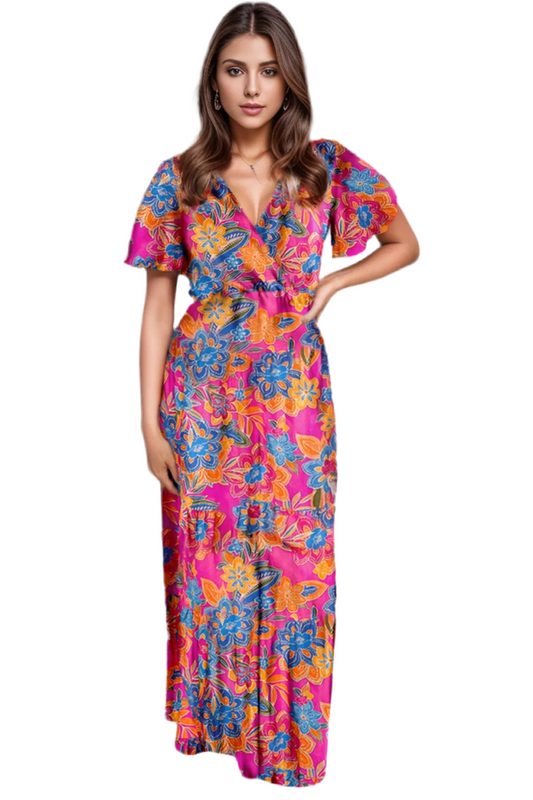 Printed Surplice Short Sleeve Maxi Dress