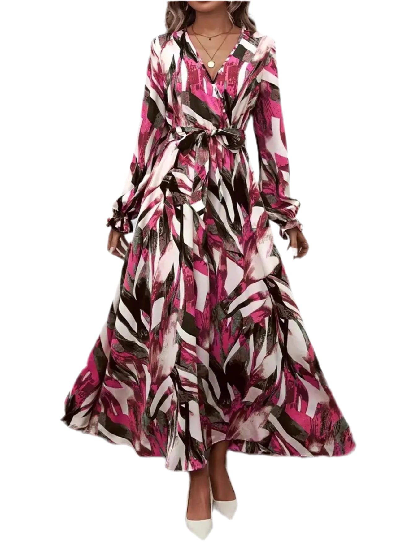 Printed Surplice Flounce Sleeve Maxi Dress