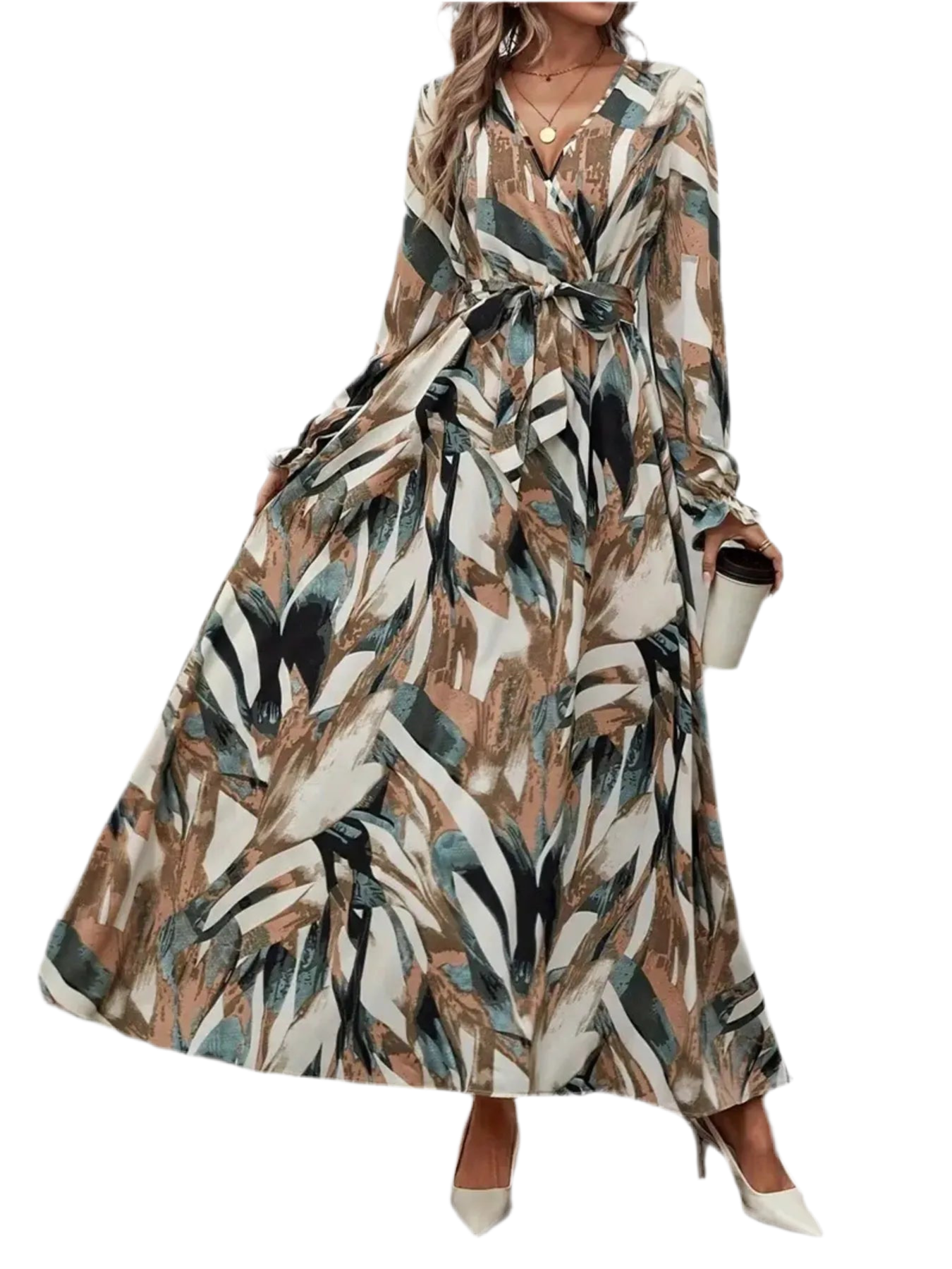 Printed Surplice Flounce Sleeve Maxi Dress