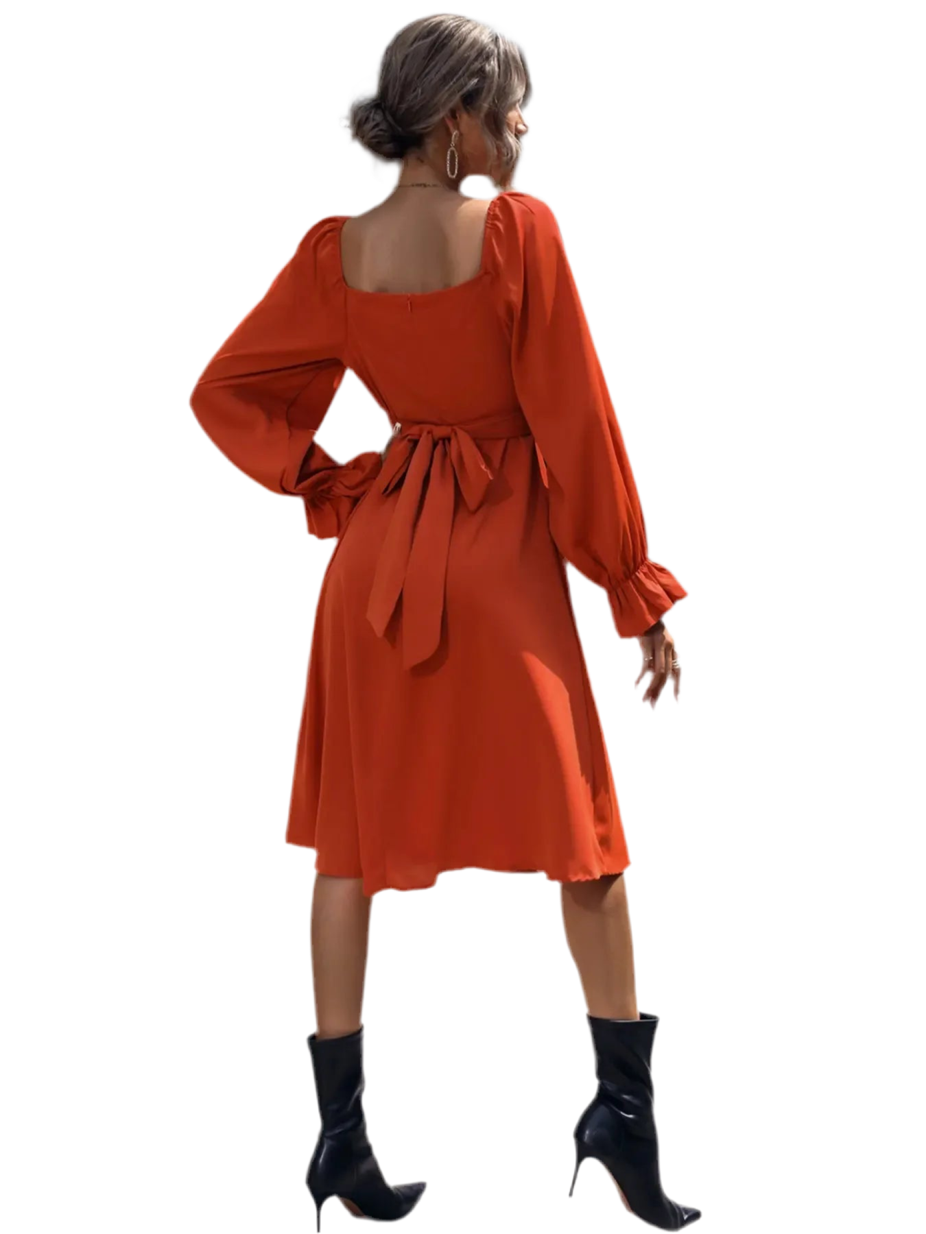 Square Neck Flounce Sleeve Midi Dress