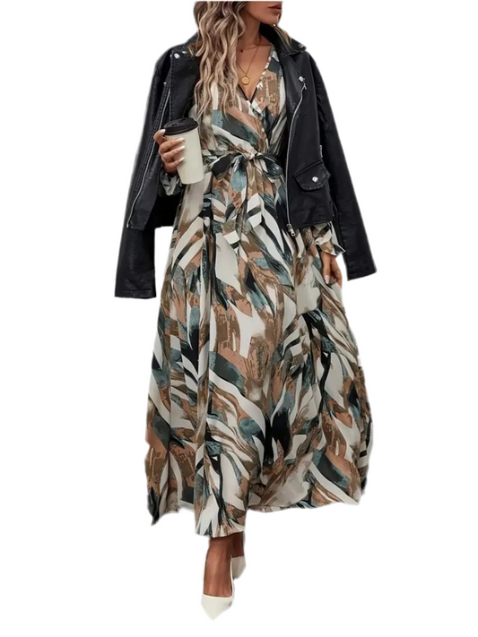 Printed Surplice Flounce Sleeve Maxi Dress