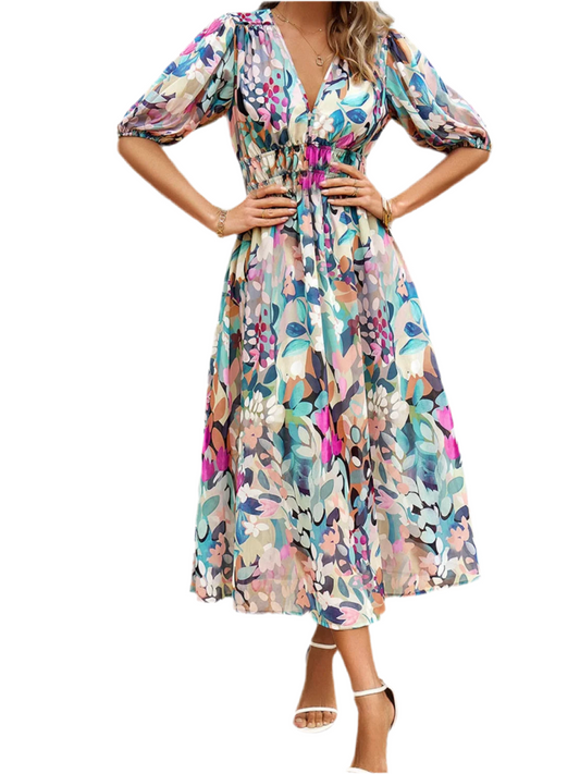 Printed Puff Sleeve Midi Dress