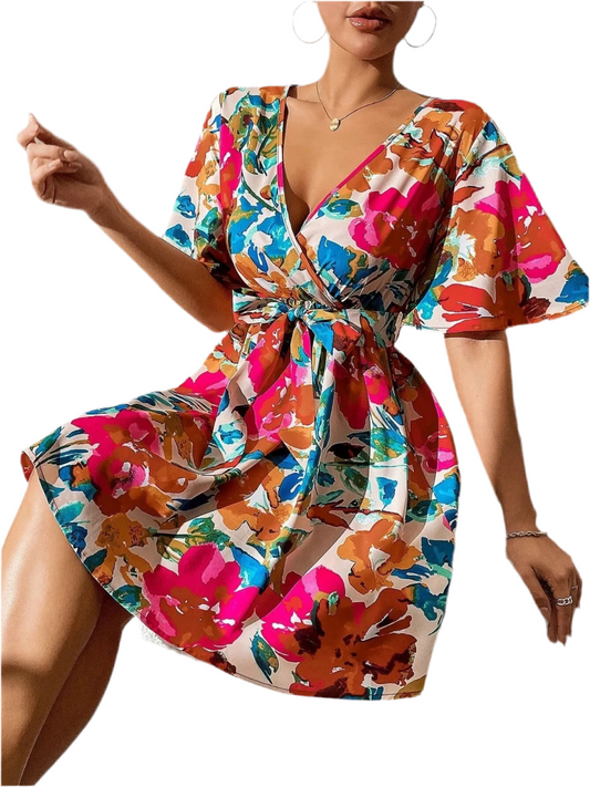 Printed Surplice Short Sleeve Mini Dress