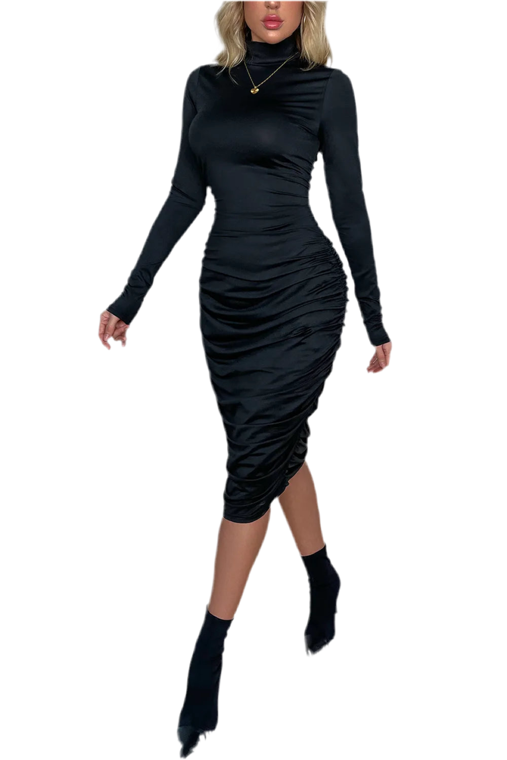 Ruched Mock Neck Long Sleeve Dress