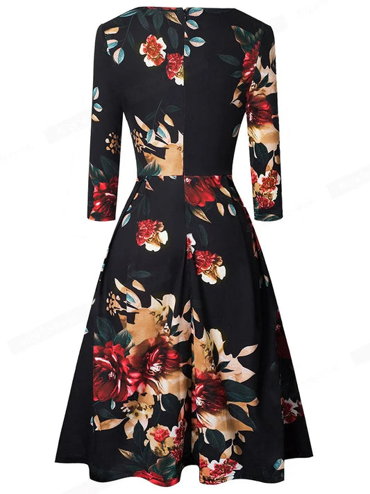 Nice-Forever Vintage Solid Color v Neckline Pinup Pockets Vestidos