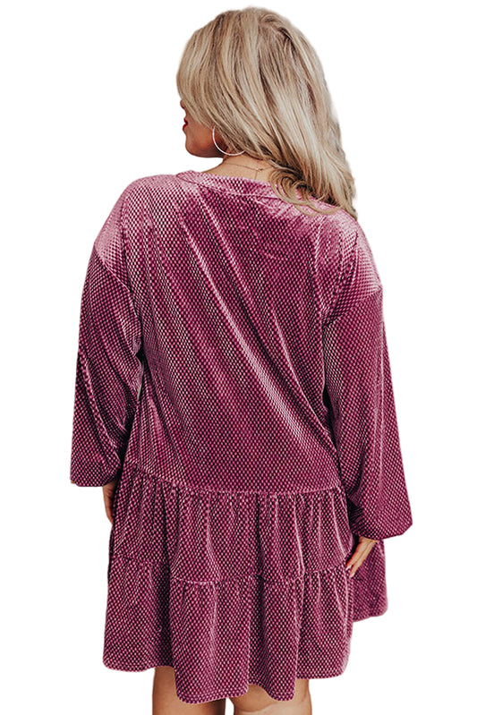 Meadow Mauve Plus Size Textured Velvet Tiered Buttons Tiered Dress