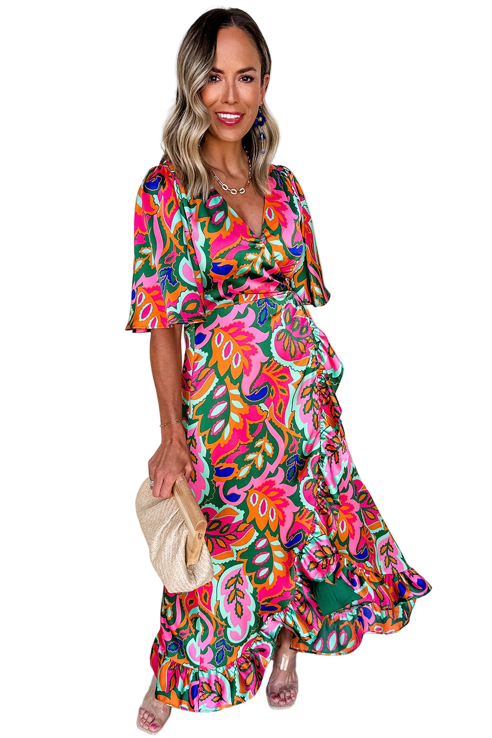Rose Summer Plant Print Surpliced V Neck Ruffled Asymmetric Slit Wide Short Sleeve Maxi Dress