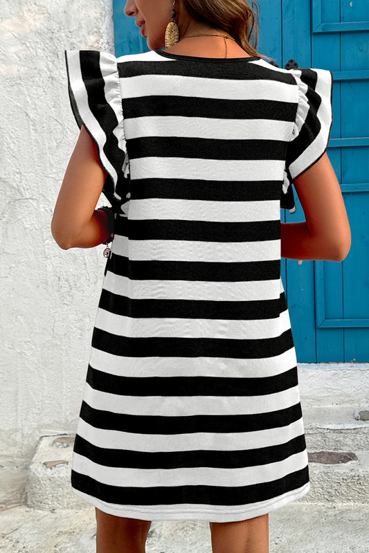 Black Stripe Flutter Sleeve Round Neck Shift Dress