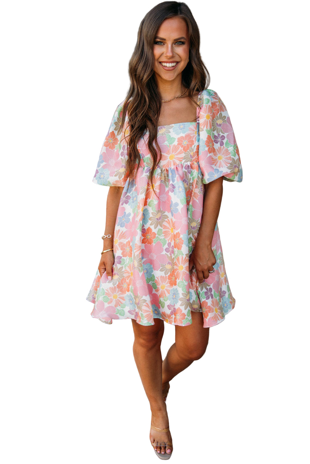 Pink Summer Floral Square Neck Puff Sleeve Babydoll Dress