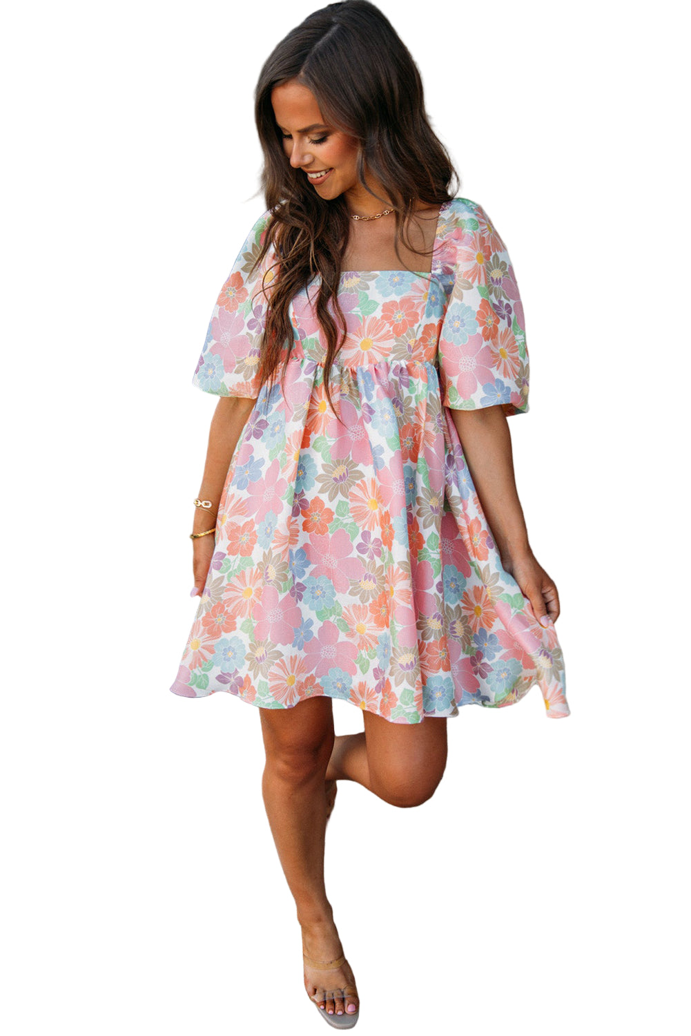 Pink Summer Floral Square Neck Puff Sleeve Babydoll Dress