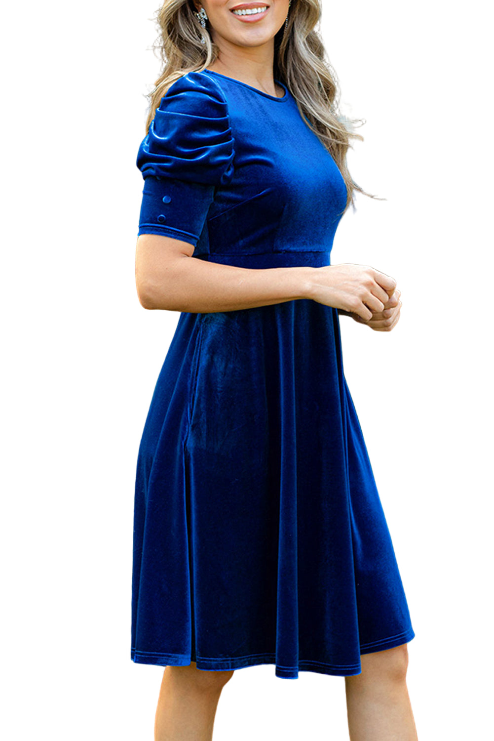 Sail Blue Velvet Ruched Short Sleeve Pocketed Mini Dress