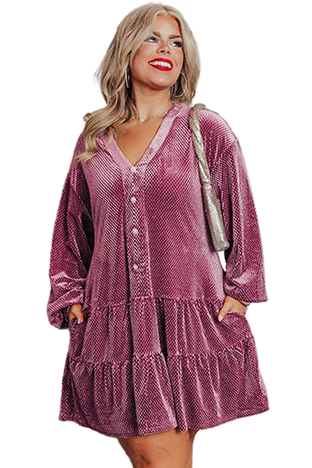 Meadow Mauve Plus Size Textured Velvet Tiered Buttons Tiered Dress