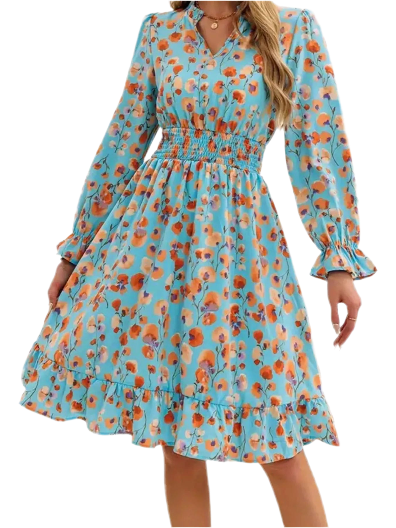 Floral Print Flounce Sleeve Ruffle Hem Dress
