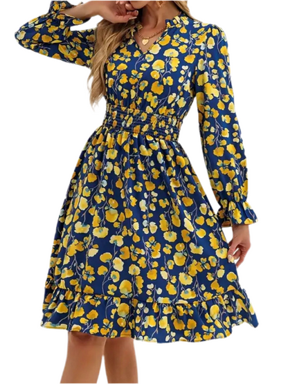 Floral Print Flounce Sleeve Ruffle Hem Dress