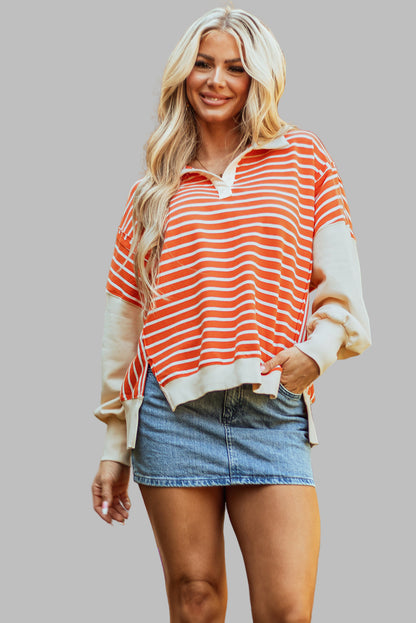 Orange Stripe Color Block Loose Fit Collared Drop Shoulder Sweatshirt