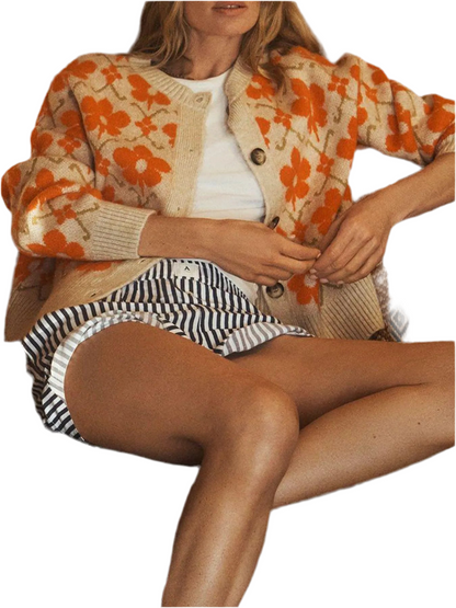 Flower Button Up Long Sleeve Cardigan