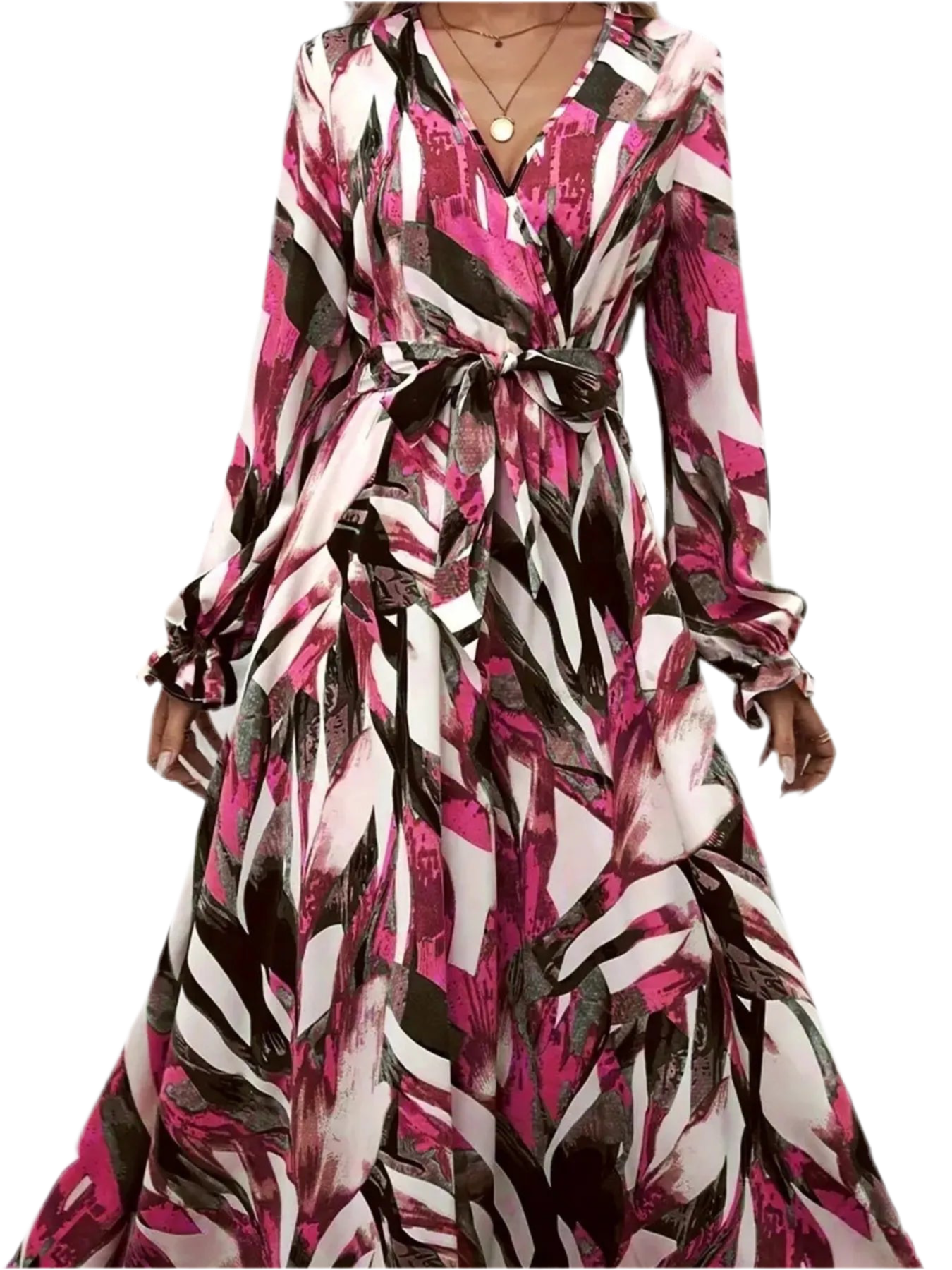 Printed Surplice Flounce Sleeve Maxi Dress