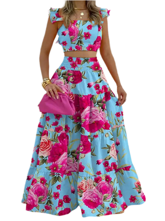 Full Size Ruffled Cami and Tiered Maxi Skirt Set Plus Size