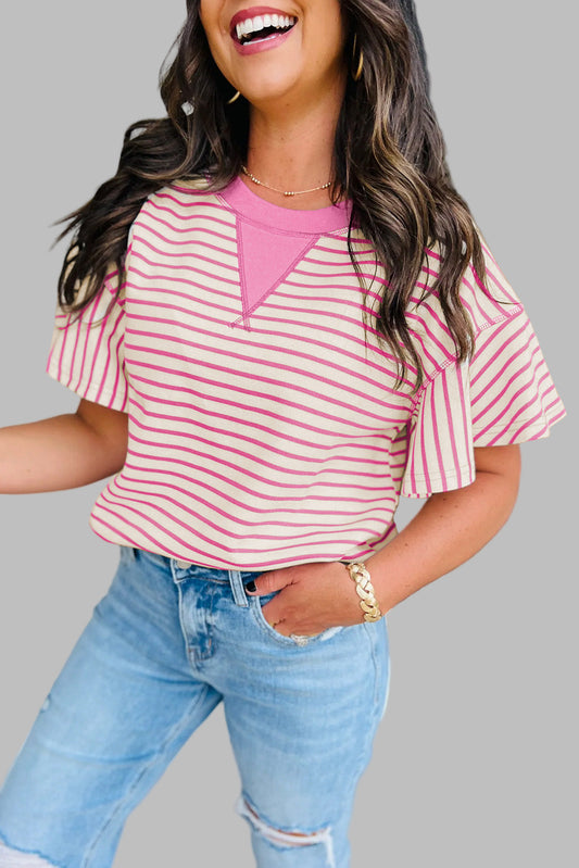 Sachet Pink Contrast Detail Striped Ruffle Short Sleeve Top