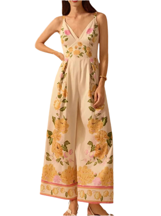 Floral Print Wide-Leg V-Neck Cami Jumpsuit