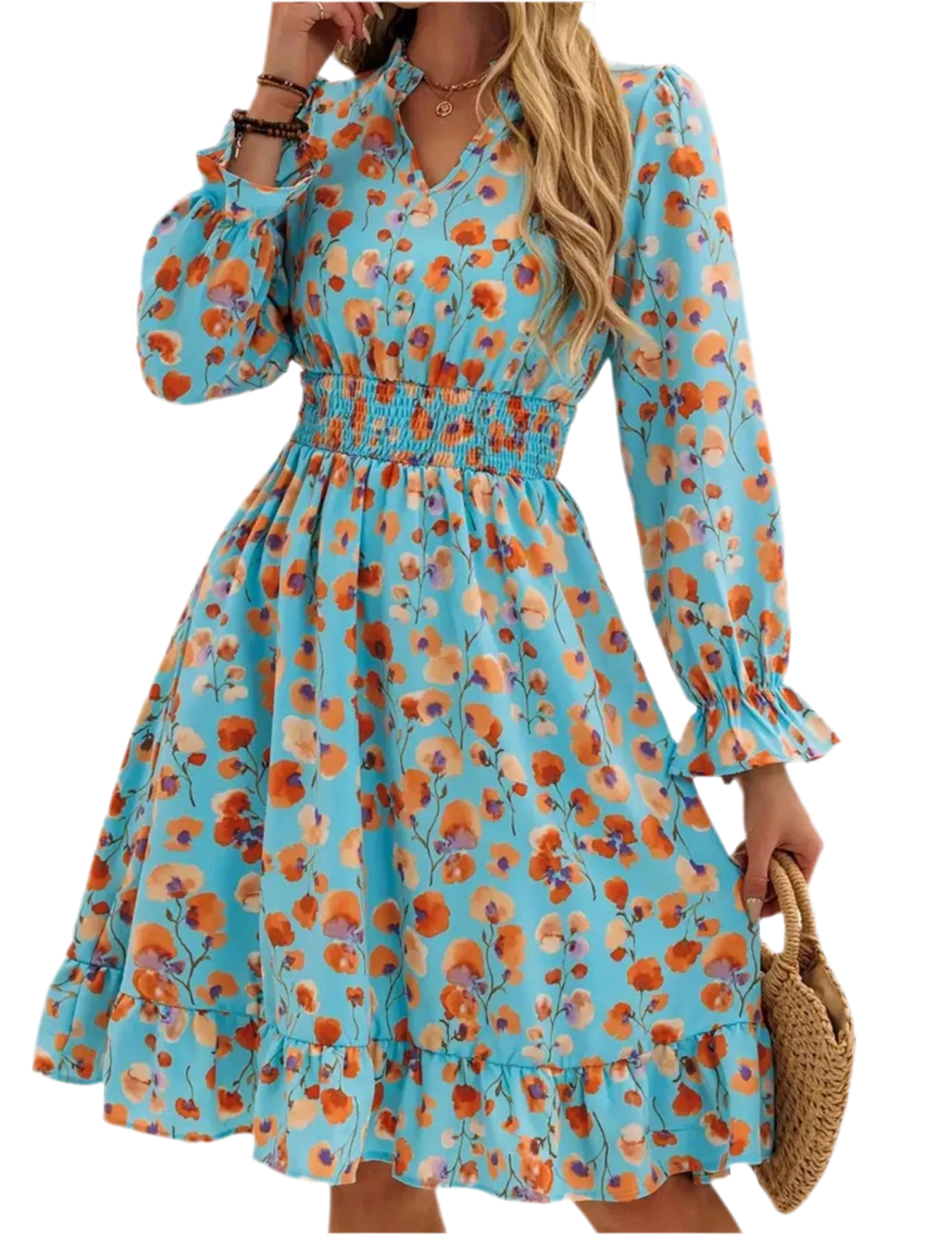 Floral Print Flounce Sleeve Ruffle Hem Dress