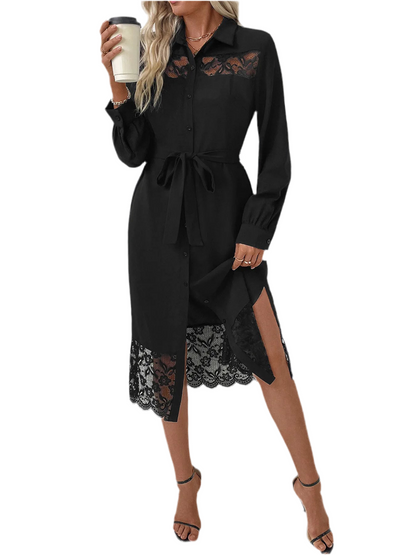 Lace Detail Button-Front Midi Shirt Dress