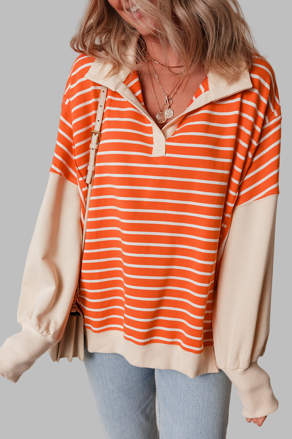 Orange Stripe Color Block Loose Fit Collared Drop Shoulder Sweatshirt