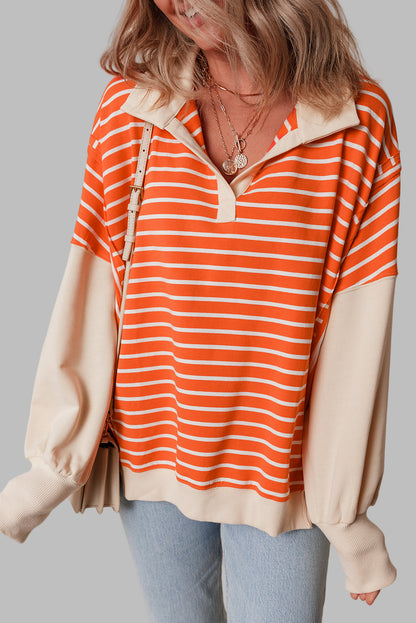 Orange Stripe Color Block Loose Fit Collared Drop Shoulder Sweatshirt