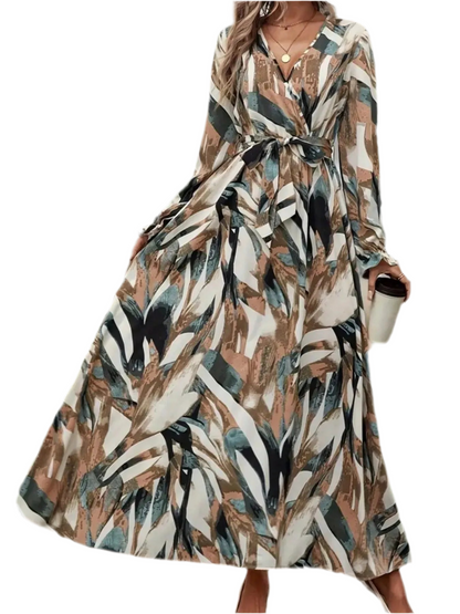 Printed Surplice Flounce Sleeve Maxi Dress