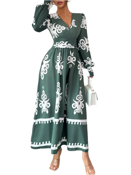 Printed Surplice Lantern Sleeve Dress