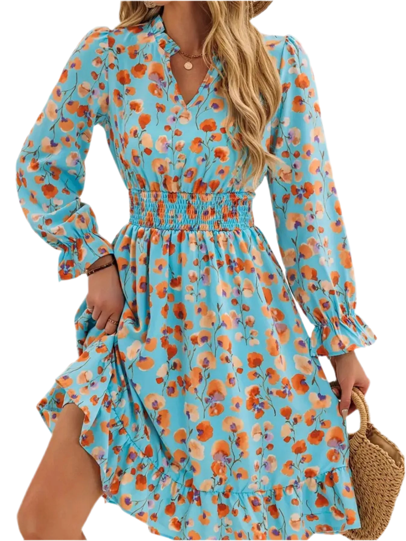 Floral Print Flounce Sleeve Ruffle Hem Dress