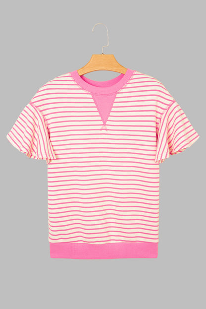 Sachet Pink Contrast Detail Striped Ruffle Short Sleeve Top